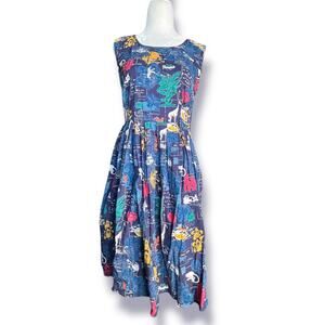 Yumi For Modcloth Blue Botanical Animal Print Cotton Fit Flare Dress Retro Midi